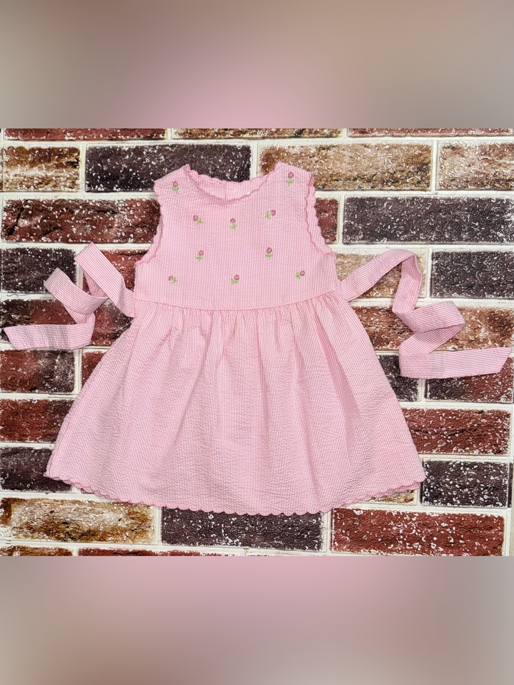 Vintage Orient Expressed pink seersucker dress 18m scallop hem bullion roses